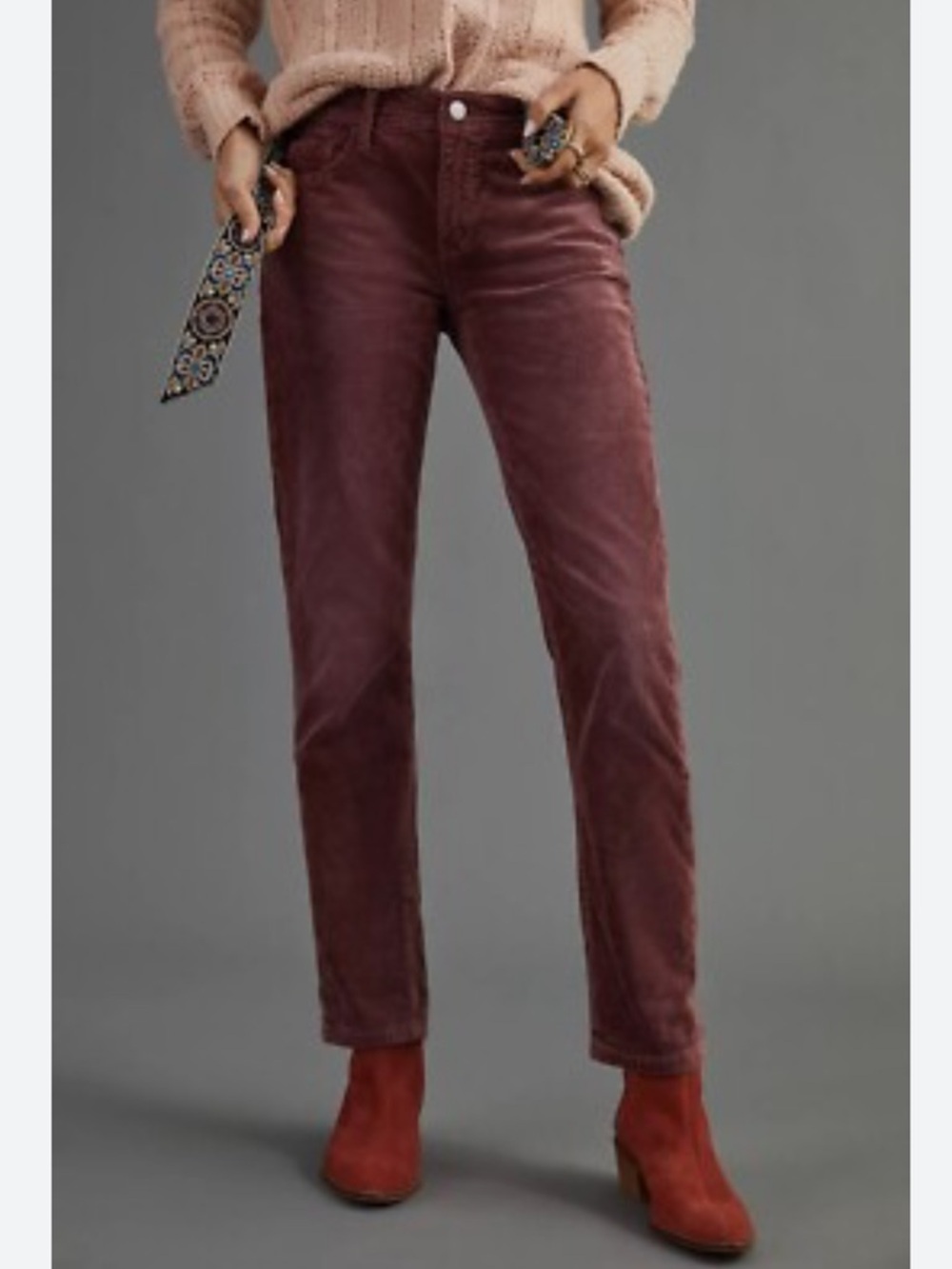 Anthropologie PILCRO Wine Corduroy Slim Boyfriend Crop Jeans 28P Straight Leg